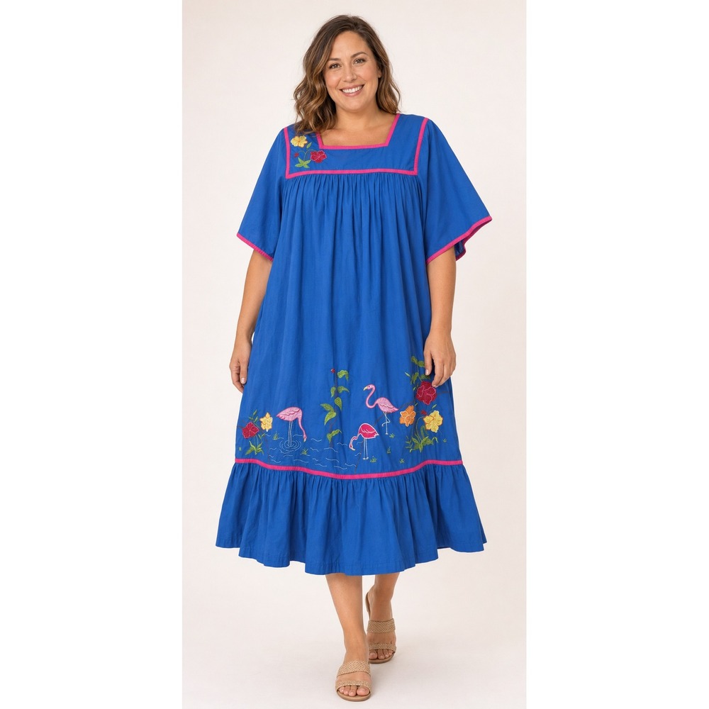 Go Softly Patio Dress L Blue Flamingo Embroidered Mumu Kaftan Tropical Whimsical